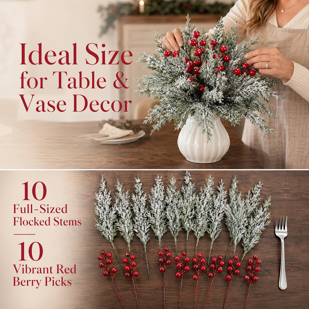 Artificial Christmas Greenery Stems with Red Berries 20pcs 14 Inch Flocked Norfolk Pine Picks for DIY Wreaths Xmas Tree Holiday Centerpiece Indoor Home Vase Filler Decor