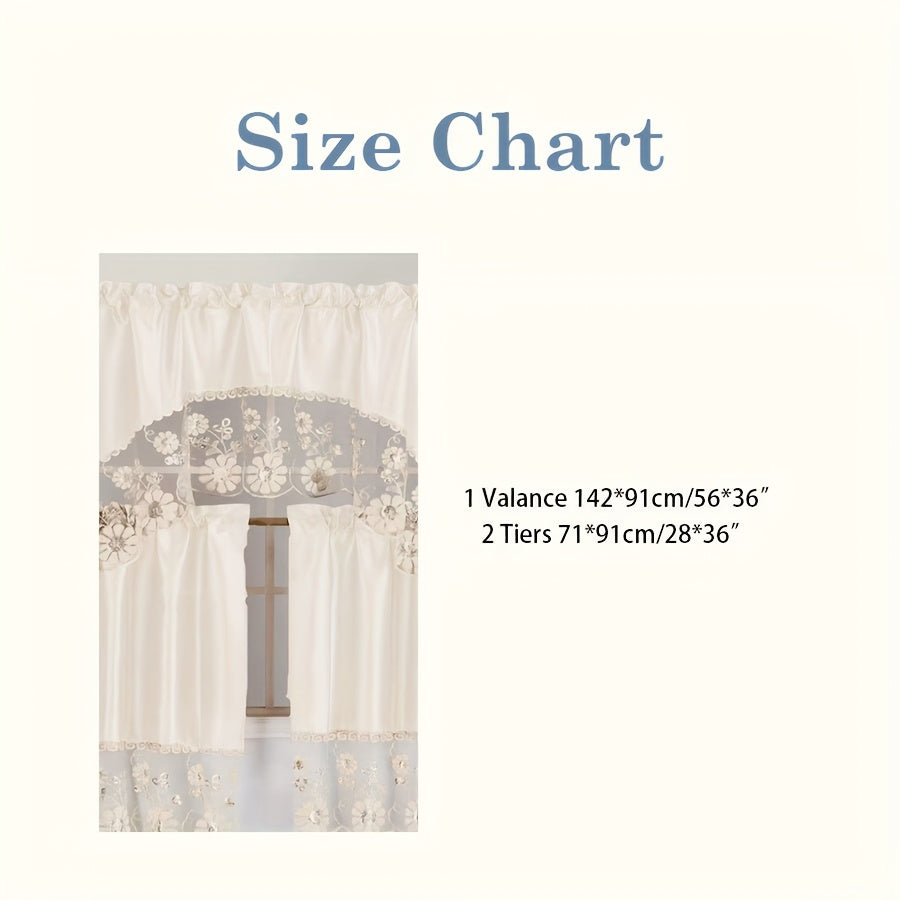 Kitchen Curtains 3 Piece Set with Valance and 2 Tiers – Faux Embroidery Semi-Sheer Rod Pocket Cafe Curtains for Kitchen Window, Dining Room, Bathroom, Lightweight Machine Washable