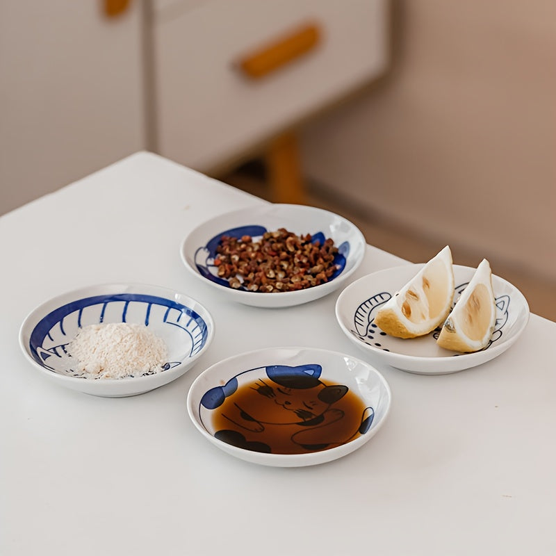 Cat Shaped Ceramic Mini Dish Set 8 Piece – 4 Inch Soy Sauce Bowls for Side Dishes, Condiments & Serving – Cute Kitchenware for Home & Restaurant