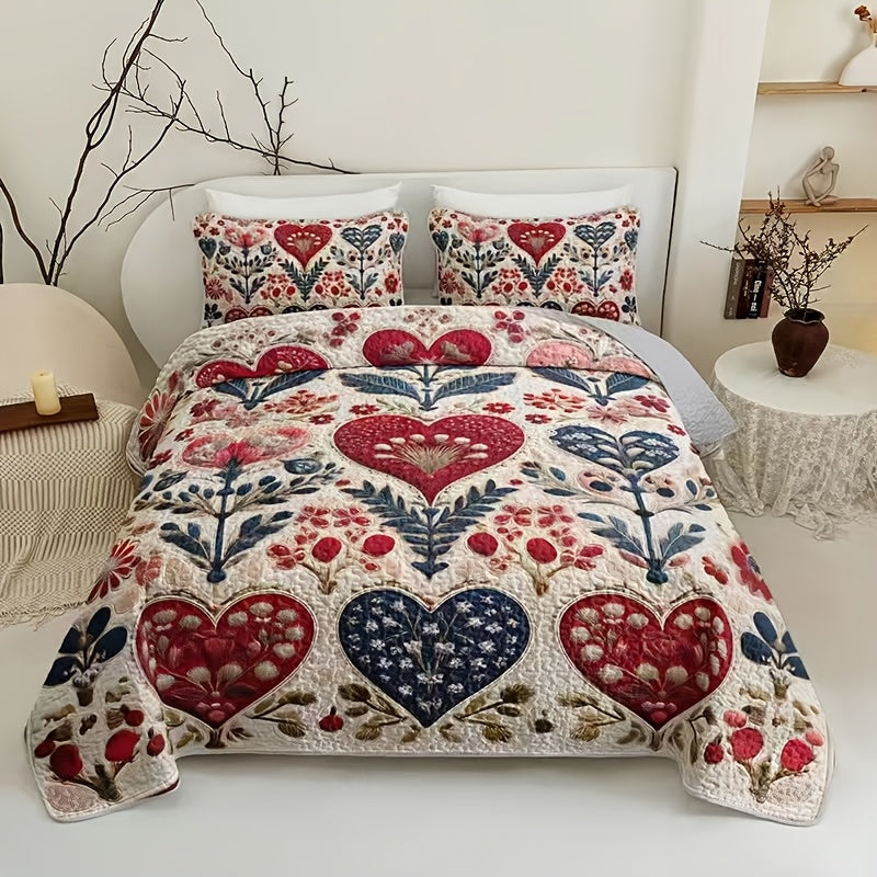 Quilted Quilt Set 2-3 Piece Floral Love Heart Print – Soft Breathable Hypoallergenic Bed Cover with Pillowcases for Twin Full Queen King, Multicolor Bedding