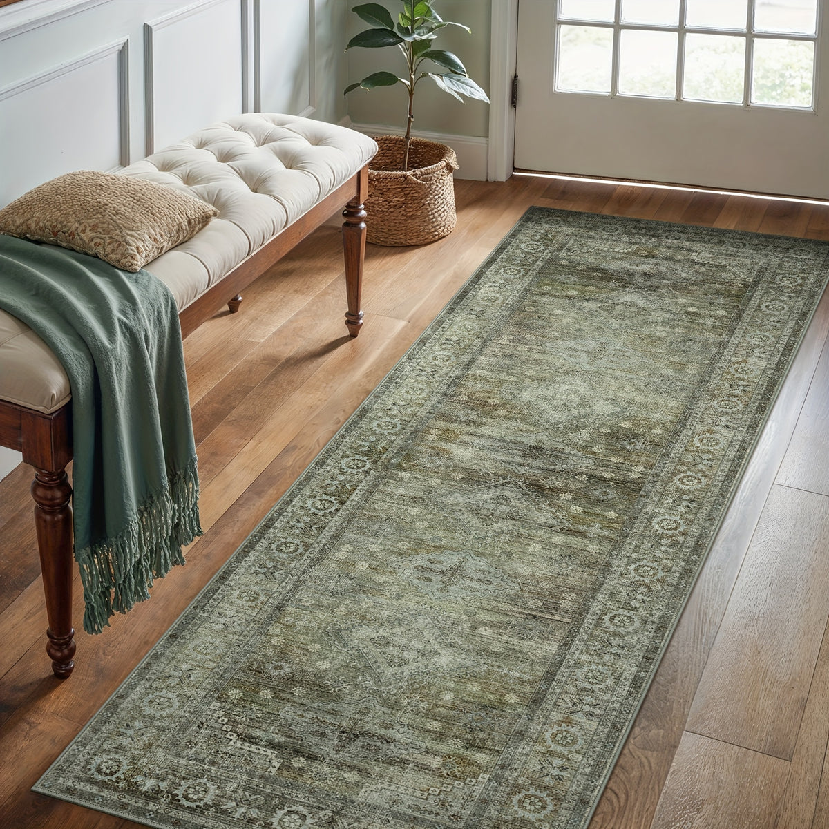 Washable Area Rug Sage Green Vintage Print - Low Pile Non-Slip Backing, Machine Washable Thin Flat Rug for Living Room Bedroom Entryway, Multiple Sizes