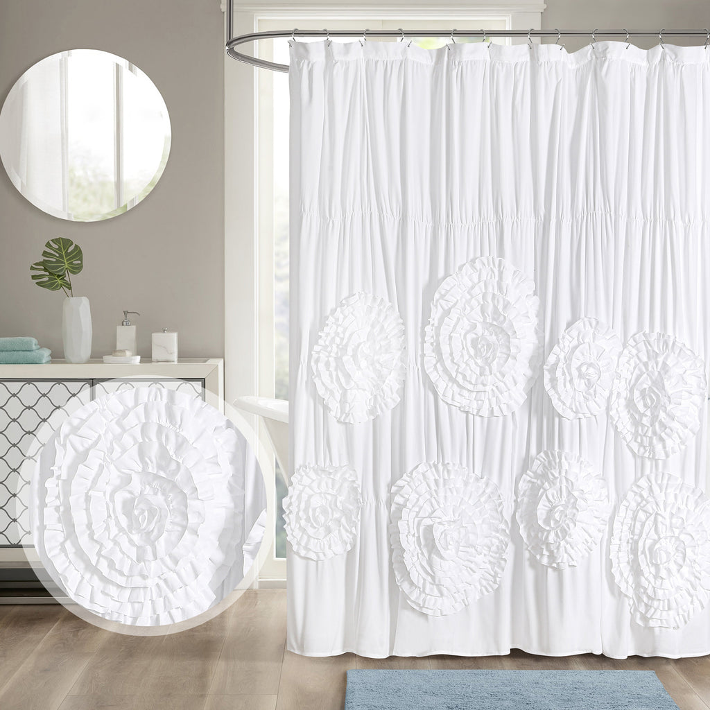 Ruffled Shower Curtain Farmhouse 72x72 - Handmade 3D Flower Vintage Ruched Fabric Bathroom Curtain, Victorian Romantic Luxury Decor, Black Pink Camel, Waterproof Microfiber 12 Holes