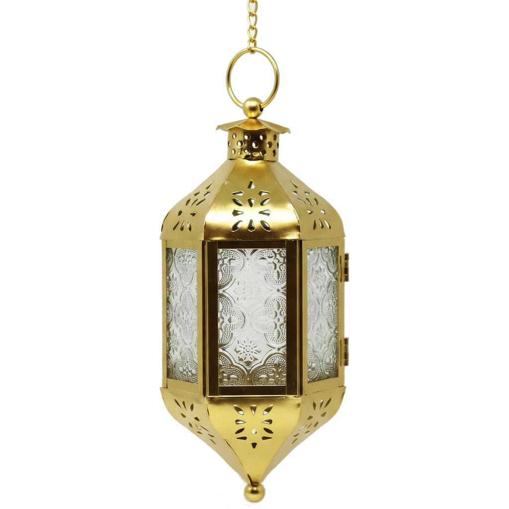Moroccan Hanging Candle Lantern with Chain – Vintage Boho Style Iron & Glass Tealight Holder for Home, Patio, Garden, Wedding & Ramadan Decor (23.5" Overall)