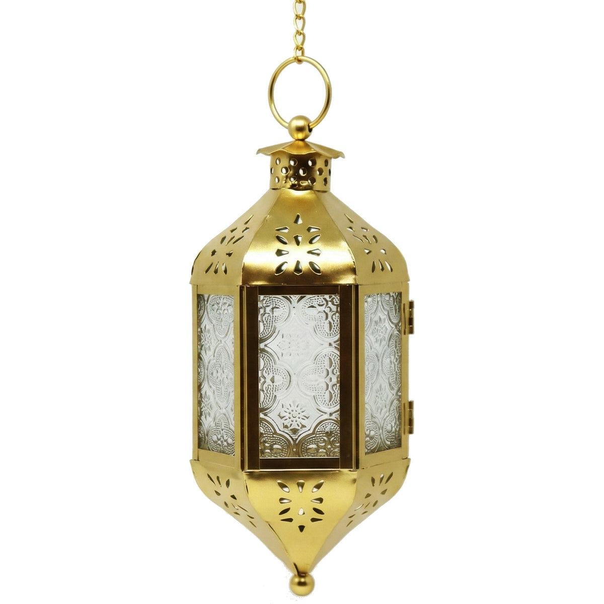 Moroccan Hanging Candle Lantern with Chain – Vintage Boho Style Iron & Glass Tealight Holder for Home, Patio, Garden, Wedding & Ramadan Decor (23.5" Overall)
