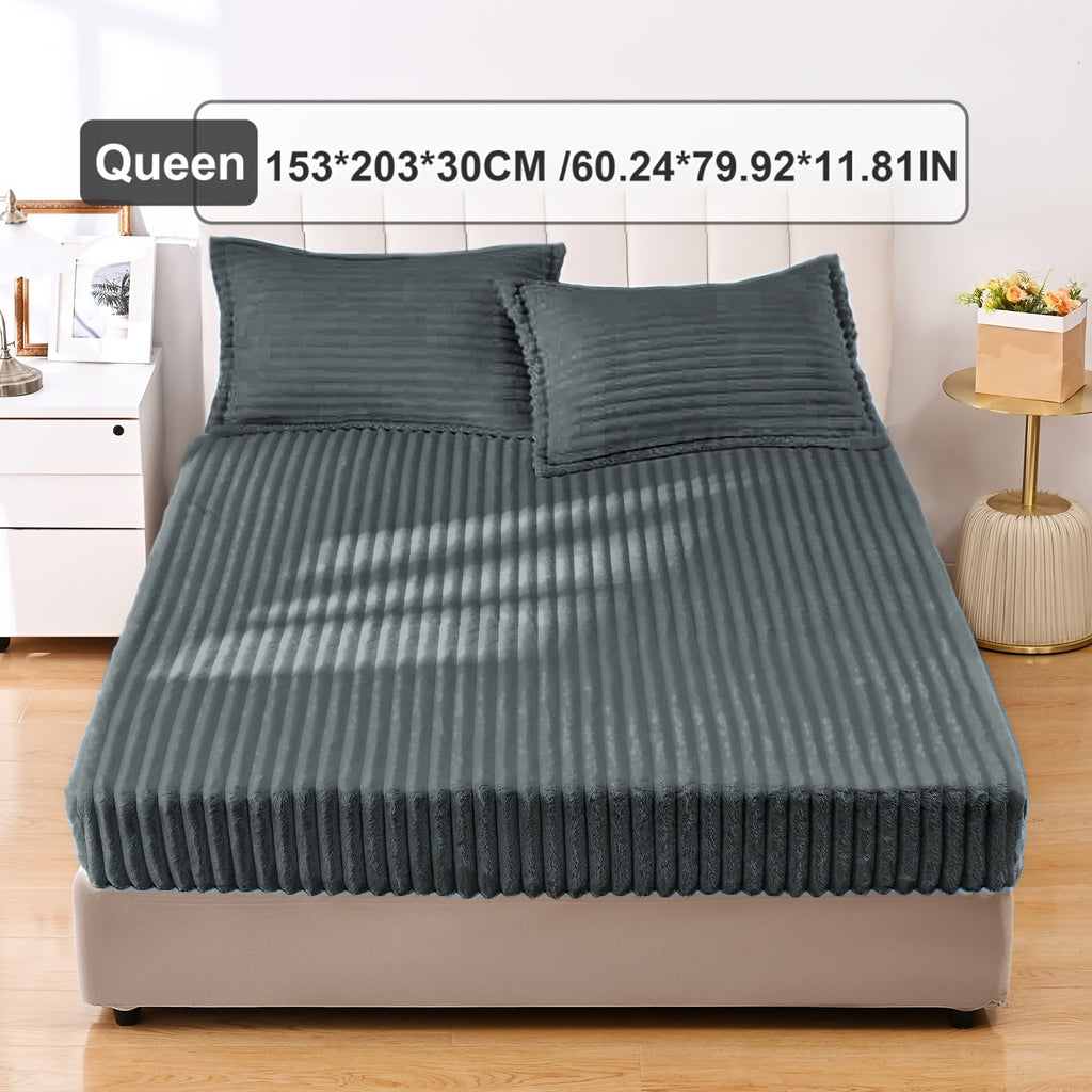 Fuzzy Fleece Fitted Sheet Plush Warm Winter Bedding Stripe Rabbit Fur Soft Thickened Bed Cover Machine Washable Twin Queen King Dark Gray Beige Space Gray