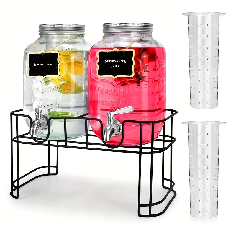 2-Pack 1-Gallon Glass Beverage Dispenser with Stand Stainless Steel Spigot and Ice Tube Leak-Proof Lemonade Water Drink Dispenser for Parties Camping Kitchen