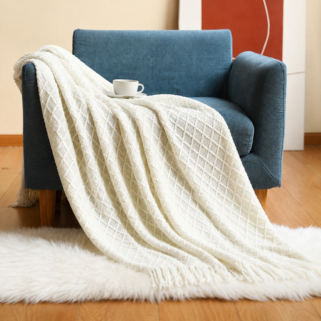 Acrylic Tassel Popcorn Texture Throw Blanket Soft Cozy for Sofa Bed Gift 8 Colors