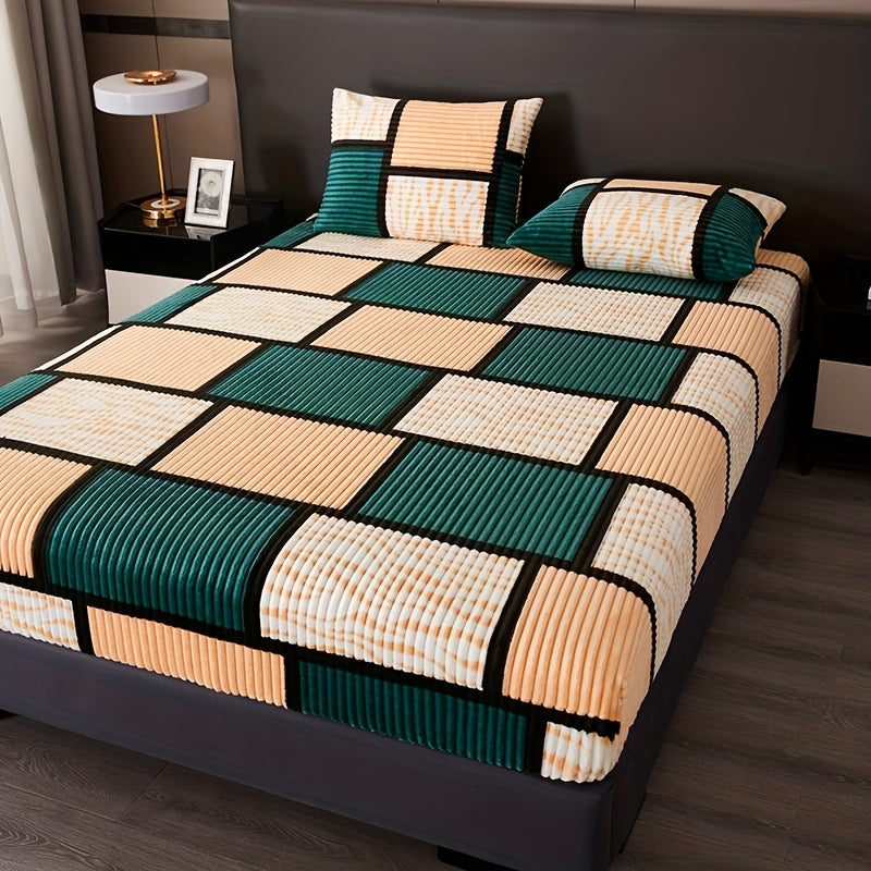 Velvet Fitted Sheet Geometric Checkered Flannel Microfiber Soft Skin-Friendly Machine Washable All-Season Twin Full Queen King Smoke Brown Rock Ash