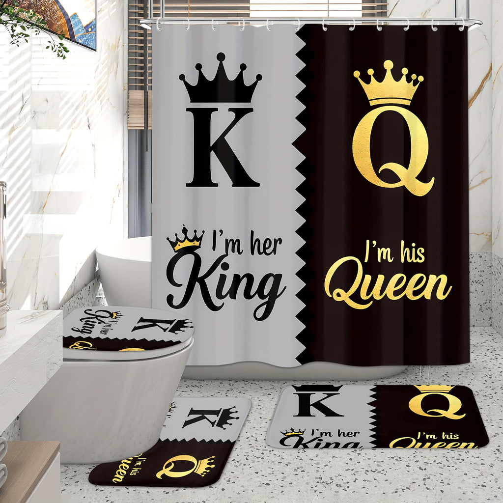 King Queen Shower Curtain Set 4pcs – Bathroom Curtain with 12 Hooks, Non-Slip Rug, Toilet U-Shape Mat & Lid Cover, Modern Bathroom Accessories