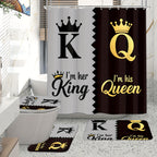 King Queen Shower Curtain Set 4pcs – Bathroom Curtain with 12 Hooks, Non-Slip Rug, Toilet U-Shape Mat & Lid Cover, Modern Bathroom Accessories