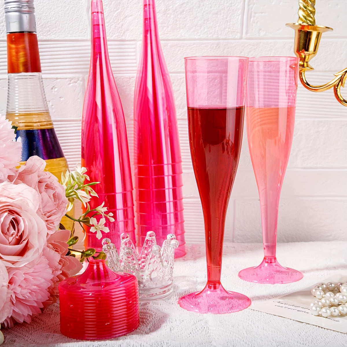 Pink Plastic Champagne Glasses 25 or 50 Pack Transparent Disposable Mimosa Cups BPA-Free PS Flutes for Weddings Cocktails Holidays Outdoor Events