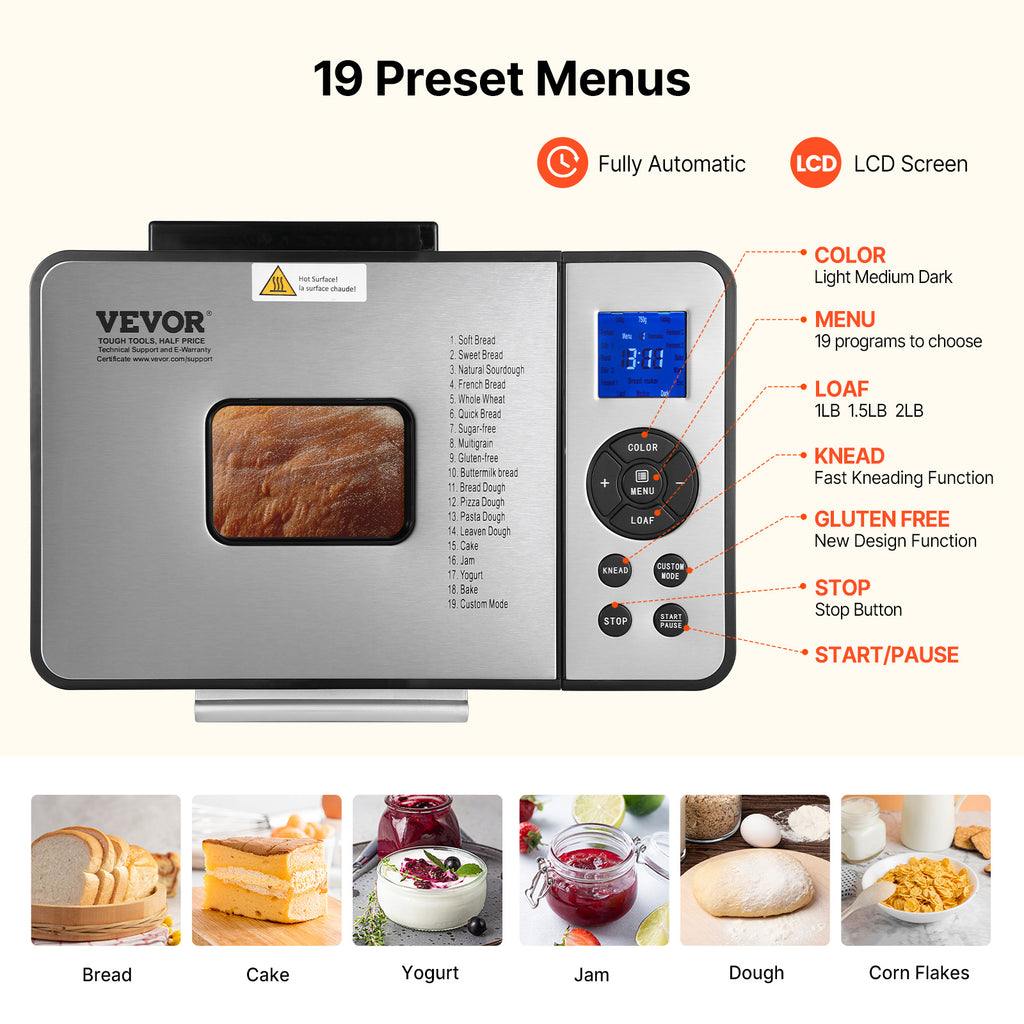 Bread Maker Machine 19-in-1 with Ceramic Non-Stick Pan, 15-Hour Timer, 3 Crust Colors, Auto Keep-Warm – Up to 2 LB Loaf