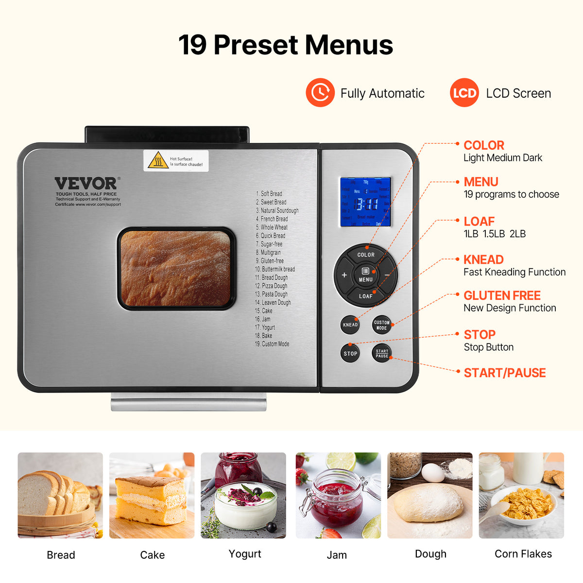 Bread Maker Machine 19-in-1 with Ceramic Non-Stick Pan, 15-Hour Timer, 3 Crust Colors, Auto Keep-Warm – Up to 2 LB Loaf