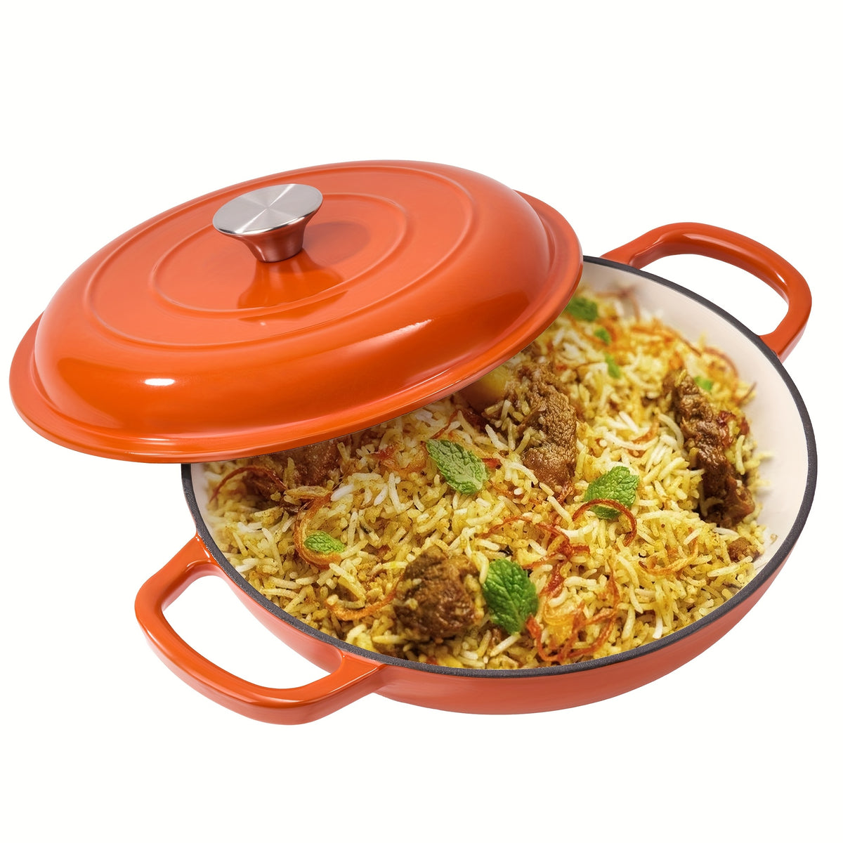 Enamel Cast Iron Dutch Oven 3QT with Lid – Shallow Wide Bottom, Double Handle, 4 Colors (Red, Blue, Green, Orange) | All Stove Types Compatible – Perfect for Cooking, Stewing & Braising
