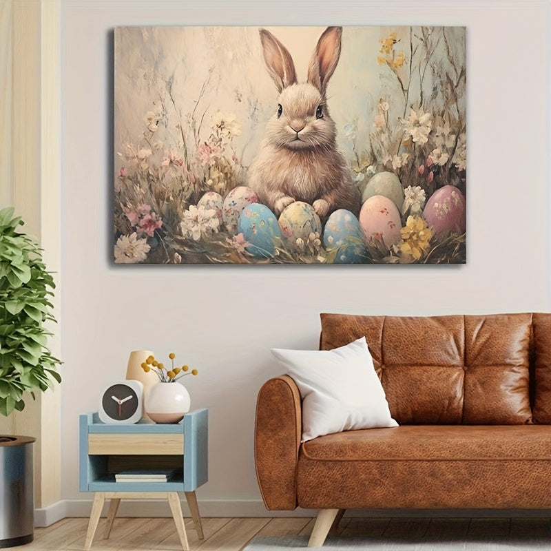 Easter Bunny Canvas Wall Art – Vintage Framed Oil Painting Print, Charming Bunny Rabbit Decor for Living Room Bedroom, Unique Easter Gift for Home