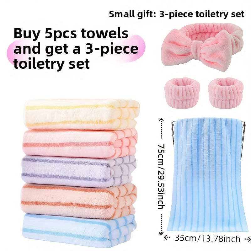 Color Coded Coral Fleece Towel Set 5 Pack – Ultra Soft Thickened Absorbent Bath Face Towels 5 Colors for Spa Sensitive Skin, Solid or Striped
