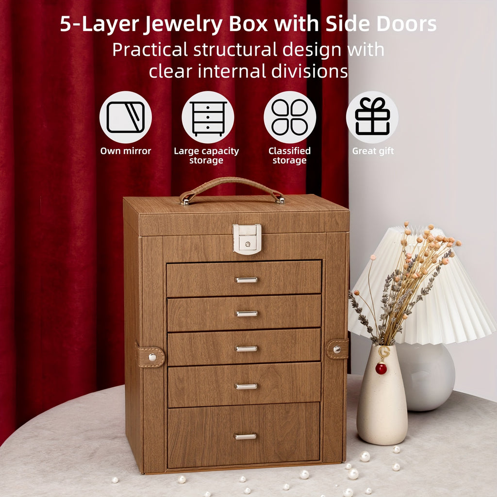 Jewelry Box with Lock & Mirror, Large 6-Tier Jewelry Case with 5 Drawers, Lockable Jewelry Storage Organizer for Women, Girls & Loved Ones — Jewelry Armoire Gift