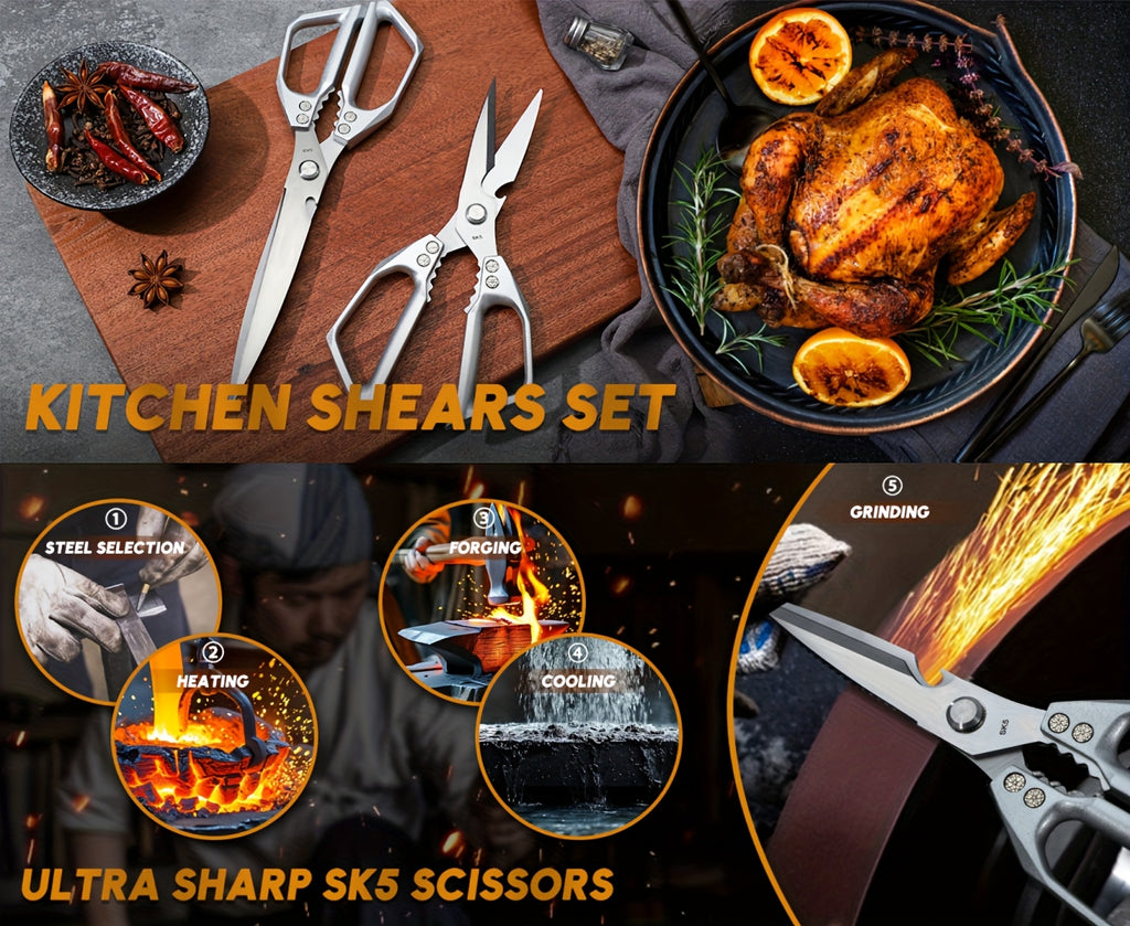 Kitchen Scissors Set 2pc Heavy Duty Stainless Steel Meat Shears Dishwasher Safe - Sharp Poultry Shears for Chicken Bones Turkey Fish 7-Inch Blade Ergonomic Handle Gift Box, Red/Black/Black & White