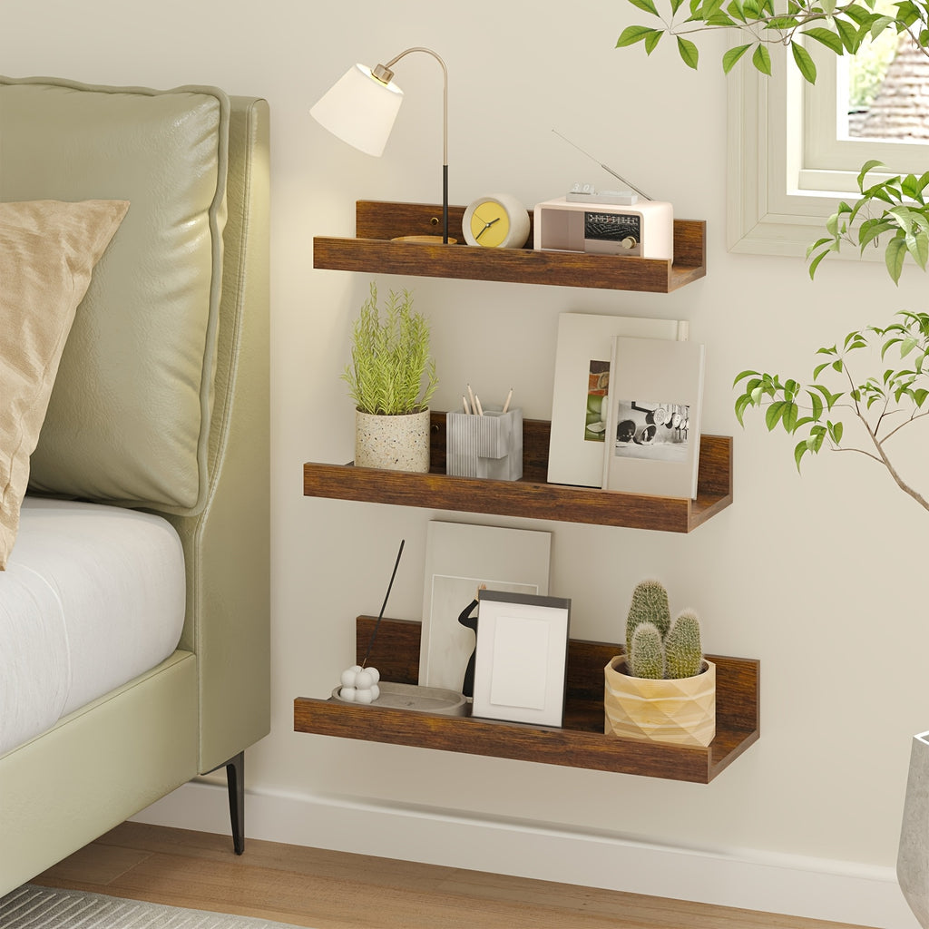 Floating Wall Shelves Set of 3, Wall Mounted Display Shelf 3 Sizes Heavy Duty Brown Storage Rack – Space Saving Home Organizer for Bathroom Bedroom Living Room Kitchen