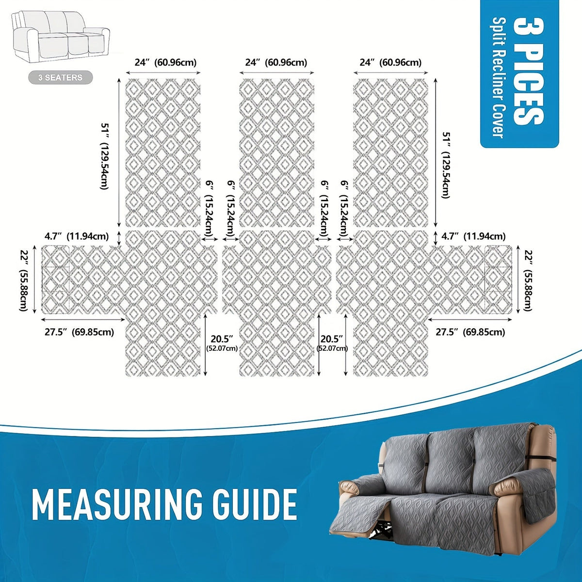 Recliner Sofa Cover Set 3-Piece Non-Slip Couch Covers for 3-Cushion Reclining Couch – Washable Furniture Protector with Elastic Straps for Pets & Dogs, Knit Fabric Slipcover for Living Room