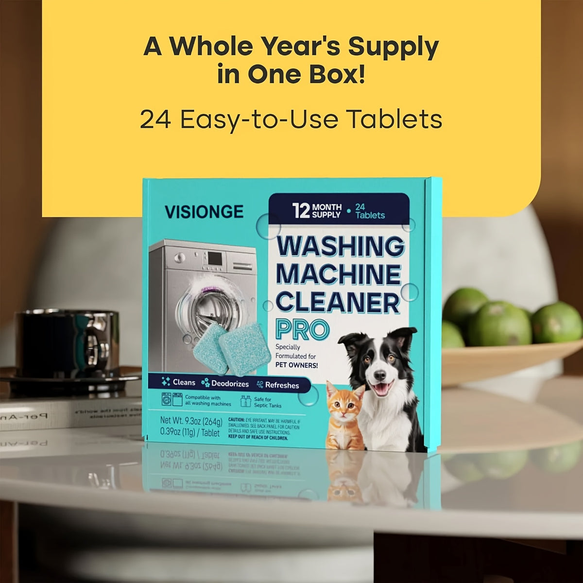 Washing Machine Cleaner Tablets 24-Pack – 12-Month Supply, Deep Clean & Deodorize for Pet Owners, Front & Top Load Safe