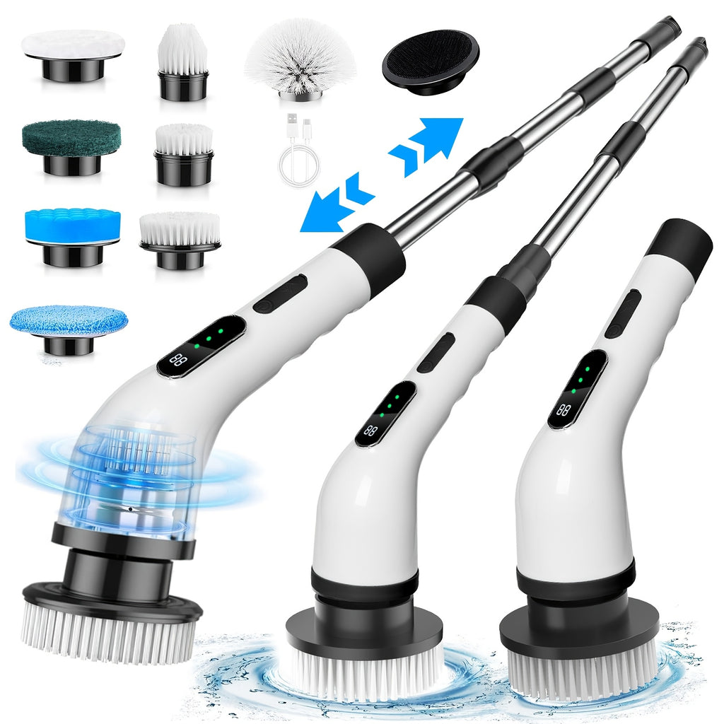 Electric Spin Scrubber with 7 Replaceable Brush Heads & Adjustable Handle – Dual Speed Power Scrubber for Bathroom, Tub, Tile & Floor Cleaning