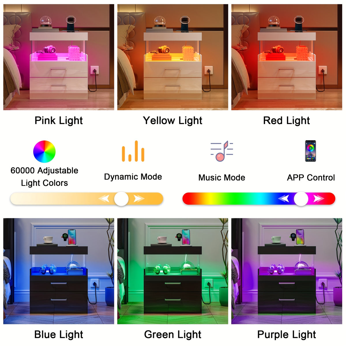 LED Nightstand with Charging Station USB Ports Outlets High Gloss Adjustable LED Lights 2 Storage Drawers Wood End Table Bedroom Living Room White Black 1pc or 2pcs