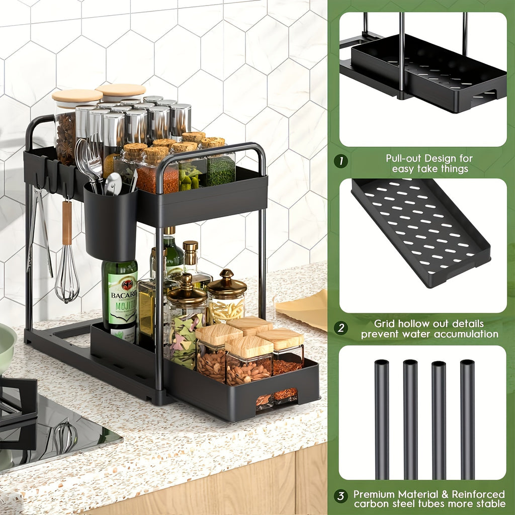 Under Sink Organizer 4-Piece Adjustable Multi-Layer Storage Rack – Metal & Plastic Cabinet Shelf with Hanging Cups & Hooks for Kitchen Bathroom Spice Rack Space-Saving