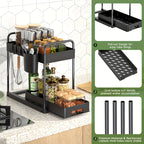 Under Sink Organizer 4-Piece Adjustable Multi-Layer Storage Rack – Metal & Plastic Cabinet Shelf with Hanging Cups & Hooks for Kitchen Bathroom Spice Rack Space-Saving