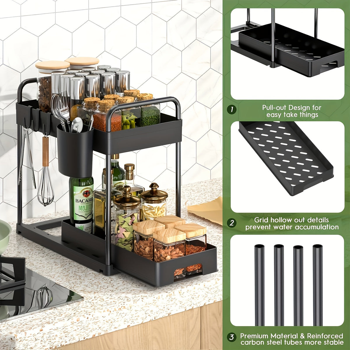 Under Sink Organizer 4-Piece Adjustable Multi-Layer Storage Rack – Metal & Plastic Cabinet Shelf with Hanging Cups & Hooks for Kitchen Bathroom Spice Rack Space-Saving