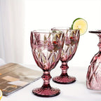 Vintage Amber Stemmed Wine Glasses Set of 6 – 11.5oz Floral Etched Colored Glass Goblets for Wine, Water & Cocktails – Wedding, Party & Bar Glassware