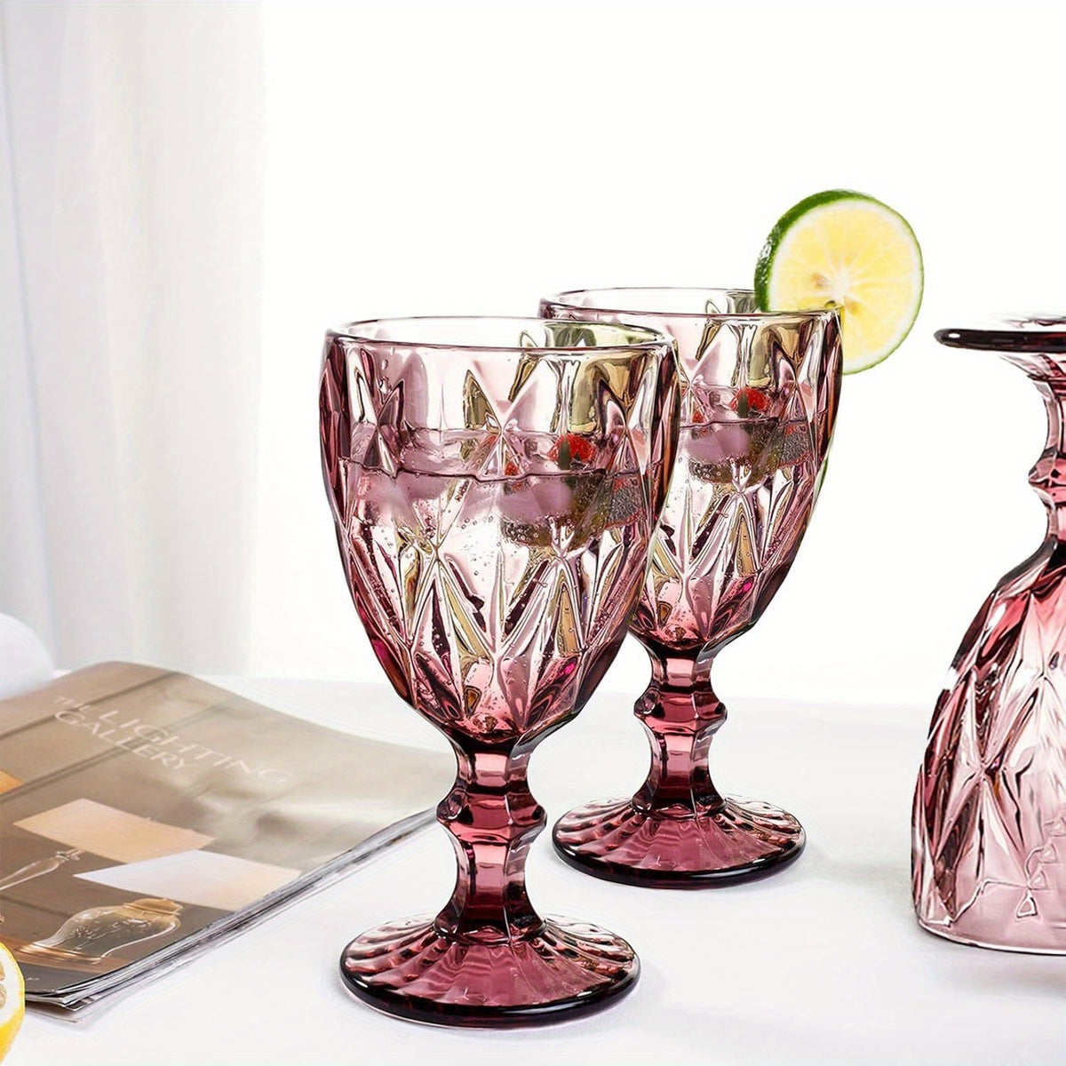 Vintage Amber Stemmed Wine Glasses Set of 6 – 11.5oz Floral Etched Colored Glass Goblets for Wine, Water & Cocktails – Wedding, Party & Bar Glassware