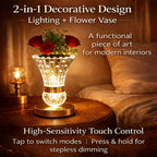 Crystal Table Lamp 2-in-1 Vase & Ambient Light USB Rechargeable Cordless Dimmable Touch Control 3 Color Modes - Bedside Nightstand Desk Lamp for Bedroom Living Room Home Office Decor