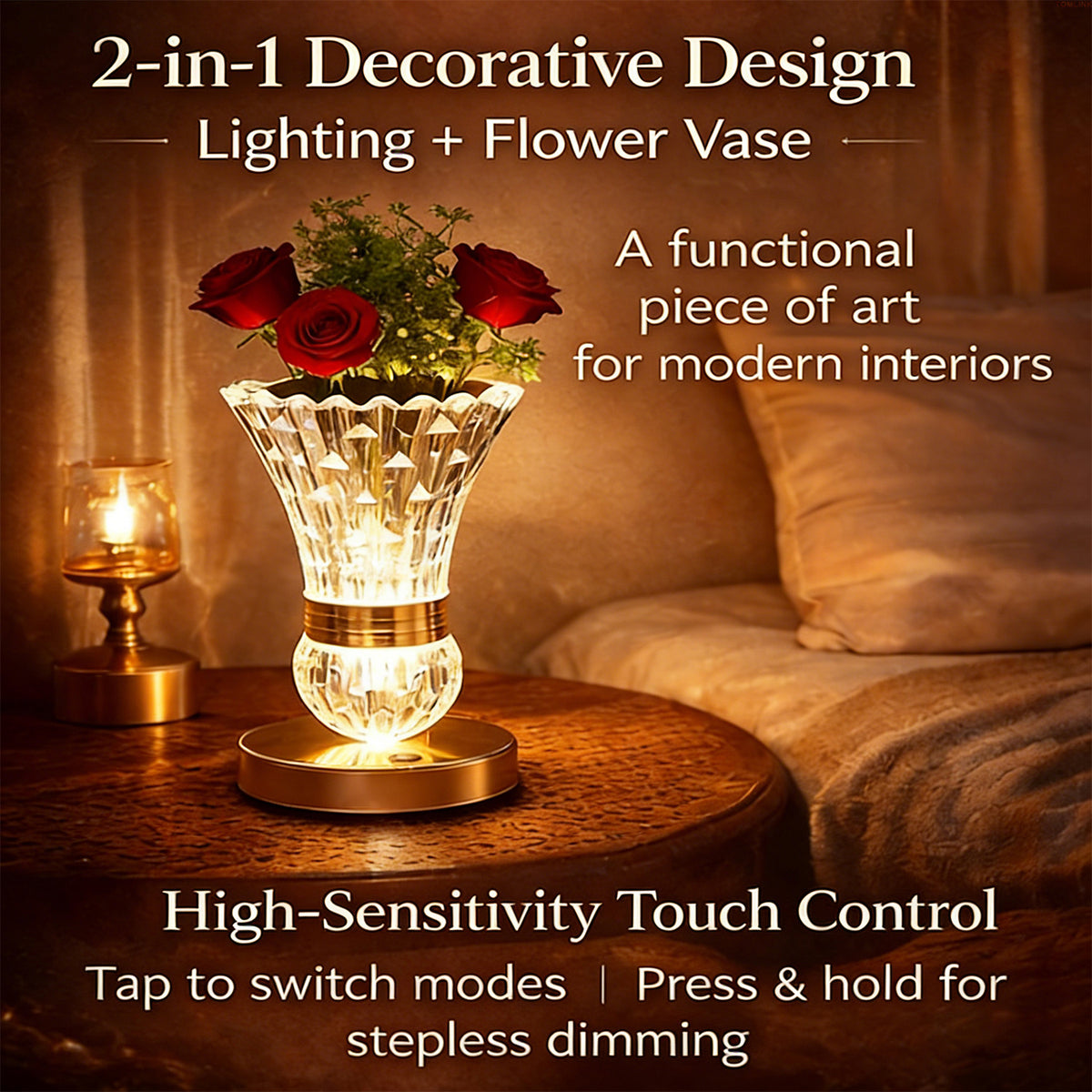 Crystal Table Lamp 2-in-1 Vase & Ambient Light USB Rechargeable Cordless Dimmable Touch Control 3 Color Modes - Bedside Nightstand Desk Lamp for Bedroom Living Room Home Office Decor