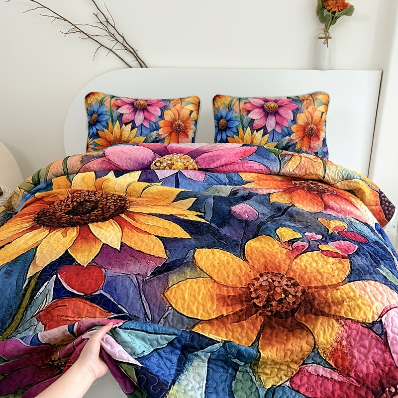 Floral Quilt Set 2 or 3 Piece – Colorful Flowers & Plants Quilted Bedspread with Pillowcases, Soft Breathable Hypoallergenic Machine Washable Bed Cover Twin Queen King