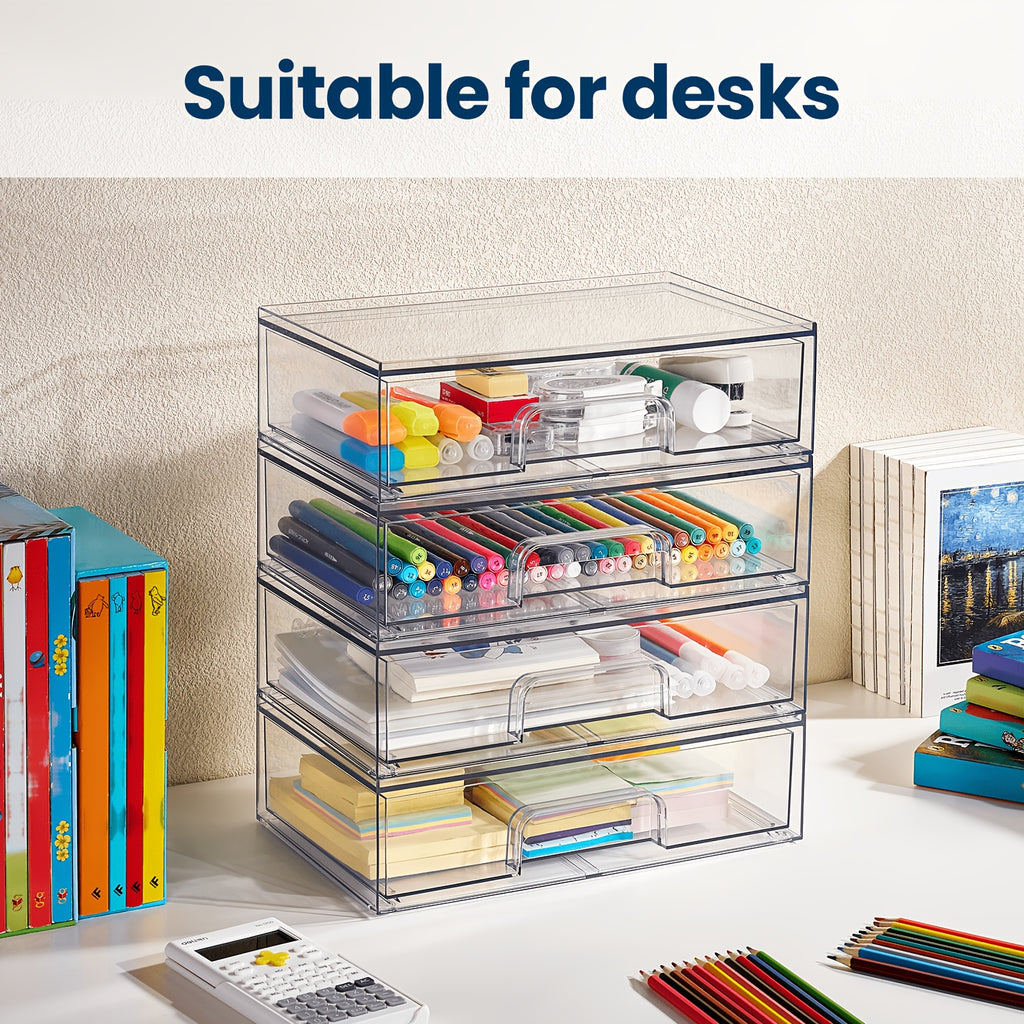 Clear Stackable Acrylic Storage Drawers 2-Pack 7.5"D x 12.1"W x 3.5"H, Transparent Plastic Organizer Bins for Desk Drawer Nightstand – BPA-Free Desktop Storage for Home Office Makeup Supplies