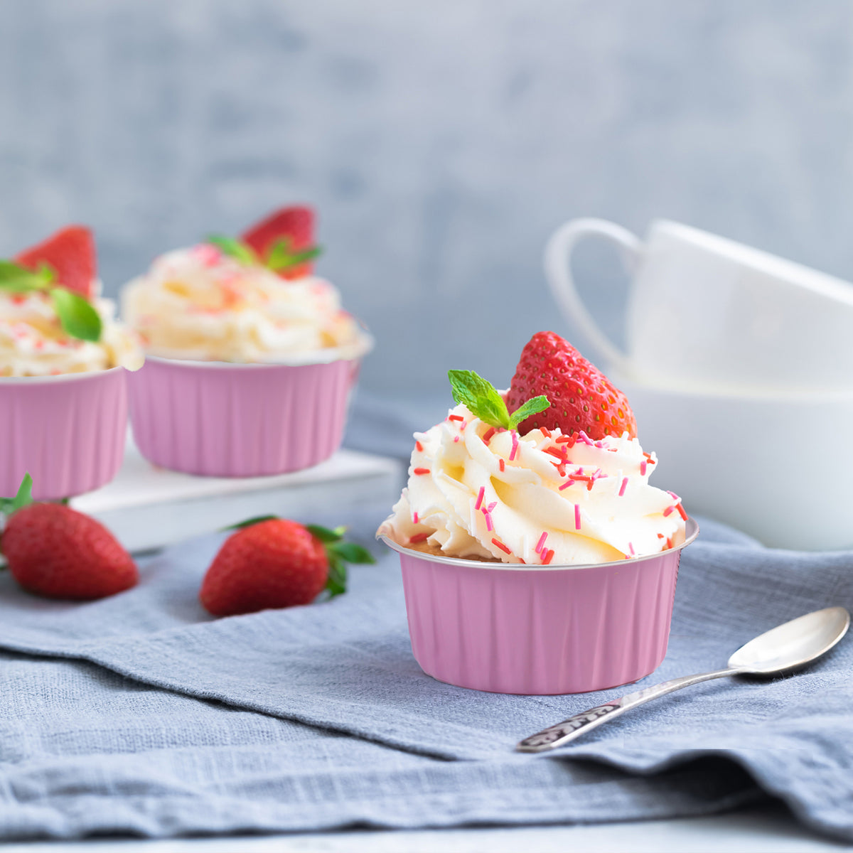 Aluminum Foil Cupcake Liners with Lids & Spoons - 50 Pack, 5oz Disposable Muffin Cups for Oven, Microwave & Air Fryer, Party Baking Cups for Christmas, Weddings & Birthdays, Pink & Grey
