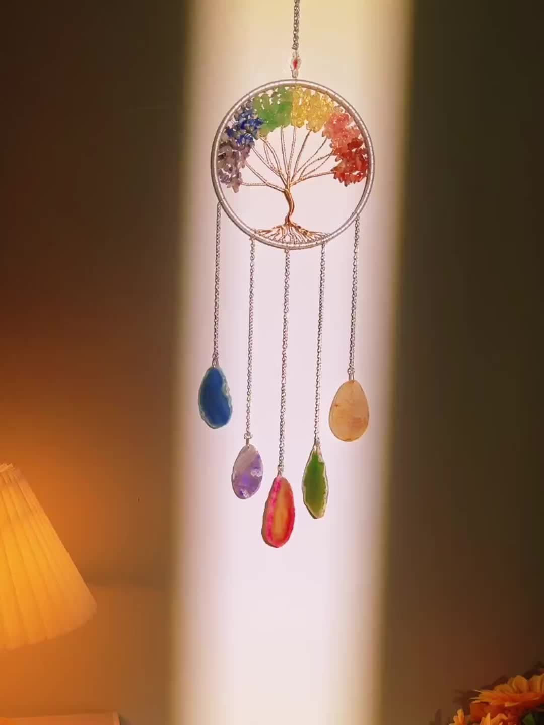 Crystal Dream Catcher Wind Chime Wall Art Handmade Rainbow Beads Tree Motif Boho Wall Hanging for Living Room Bedroom Wedding Christmas Gift