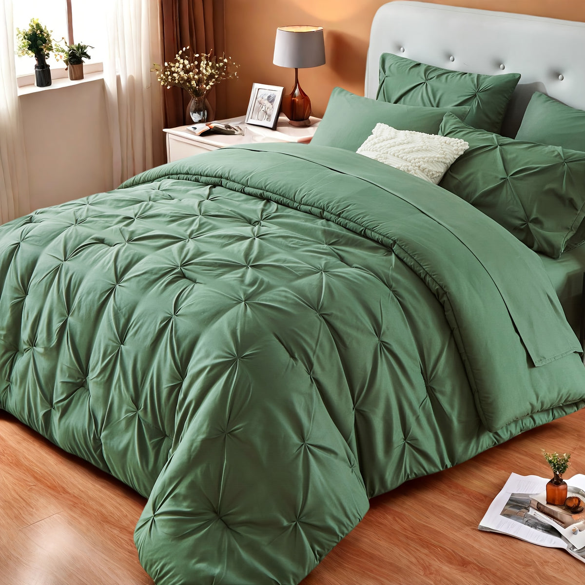 Luxury Pleated Comforter Set 5/7 Pcs – Soft Plush Fiber Fill, Quilted Comforter, Fitted Sheet, Flat Sheet, Pillowcases & Shams, Twin Full Queen King Year-Round Bedding