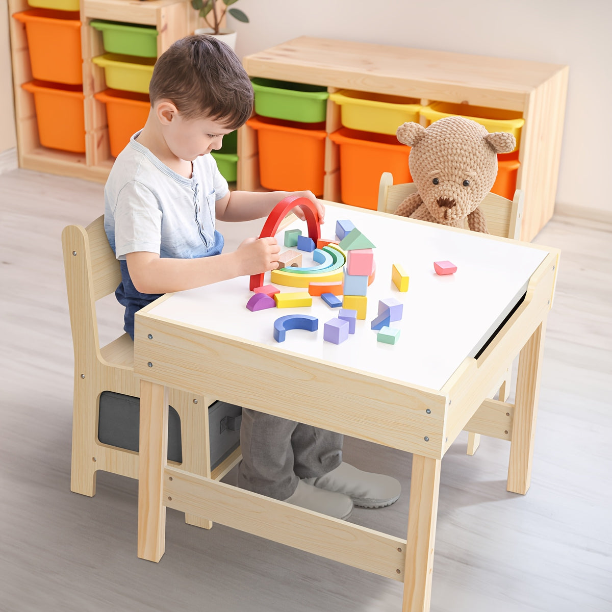 Kids Wood Table and Chair Set 3-in-1 – Double-Sided Desktop, Built-In Toy Storage, Ideal for Nursery Playroom Daycare, New Version & Multifunctional Aesthetic Style