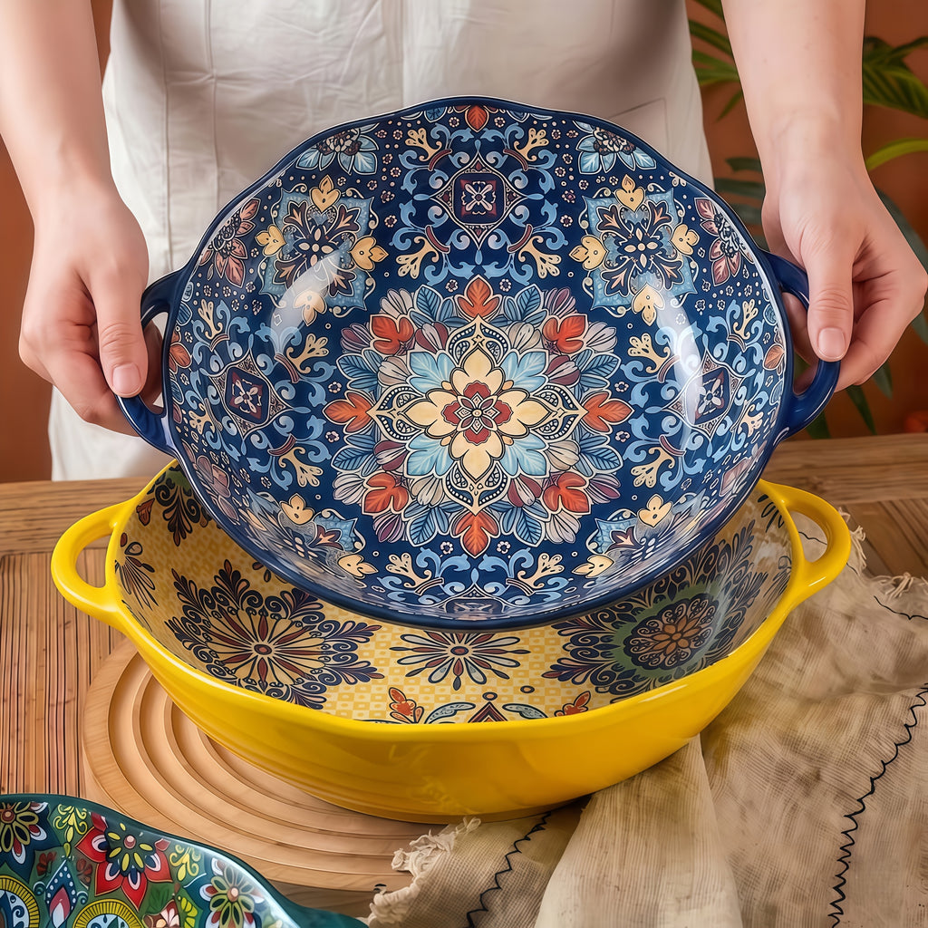 Bohemian Ceramic Salad Bowl 12 Inch with Dual Handles Large Capacity Microwave Safe Dishwasher Safe Oven Proof Porcelain Serving Bowl