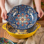Bohemian Ceramic Salad Bowl 12 Inch with Dual Handles Large Capacity Microwave Safe Dishwasher Safe Oven Proof Porcelain Serving Bowl
