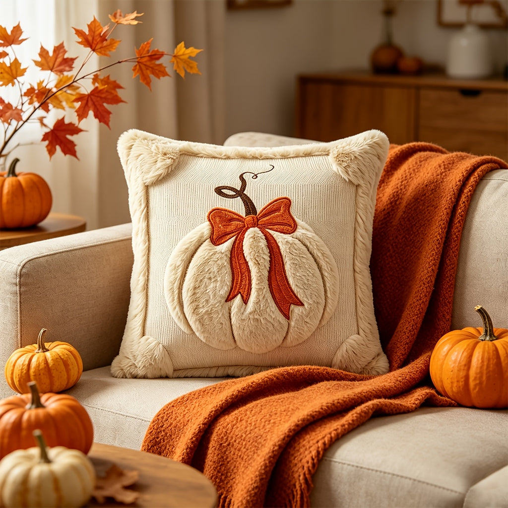 Plush Pumpkin Bow Pillow Covers Set of 2, 18x18 Inch Soft Seasonal Pillowcases for Thanksgiving, Halloween & Christmas – Decorative Throw Pillow Covers for Sofa Bed Home Decor, Beige & Caramel
