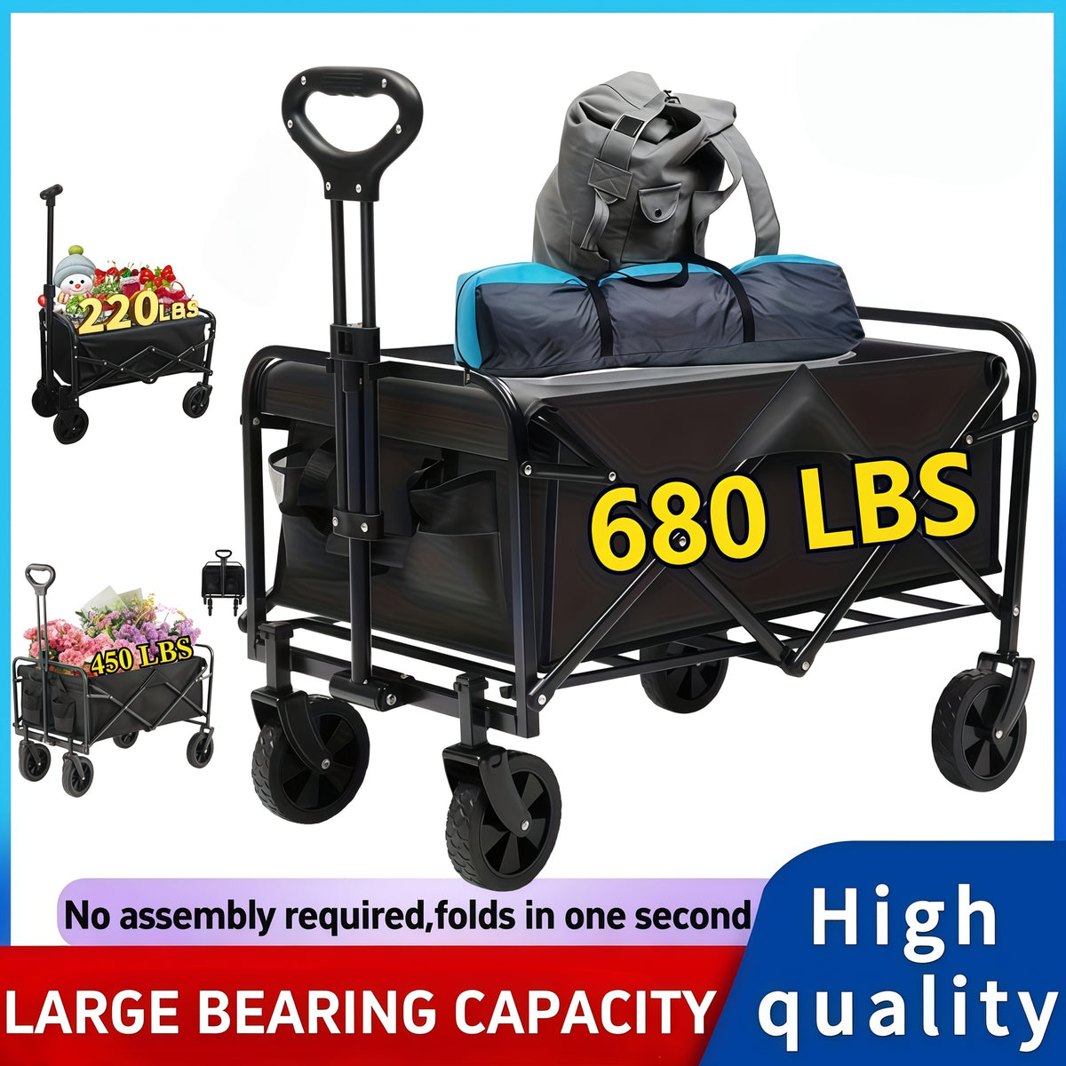 Heavy Duty Folding Utility Cart Wagon with All-Terrain Wheels, 680LBS Capacity Outdoor Camping Garden Shopping Yard Beach Sports Equipment Collapsible Wagon