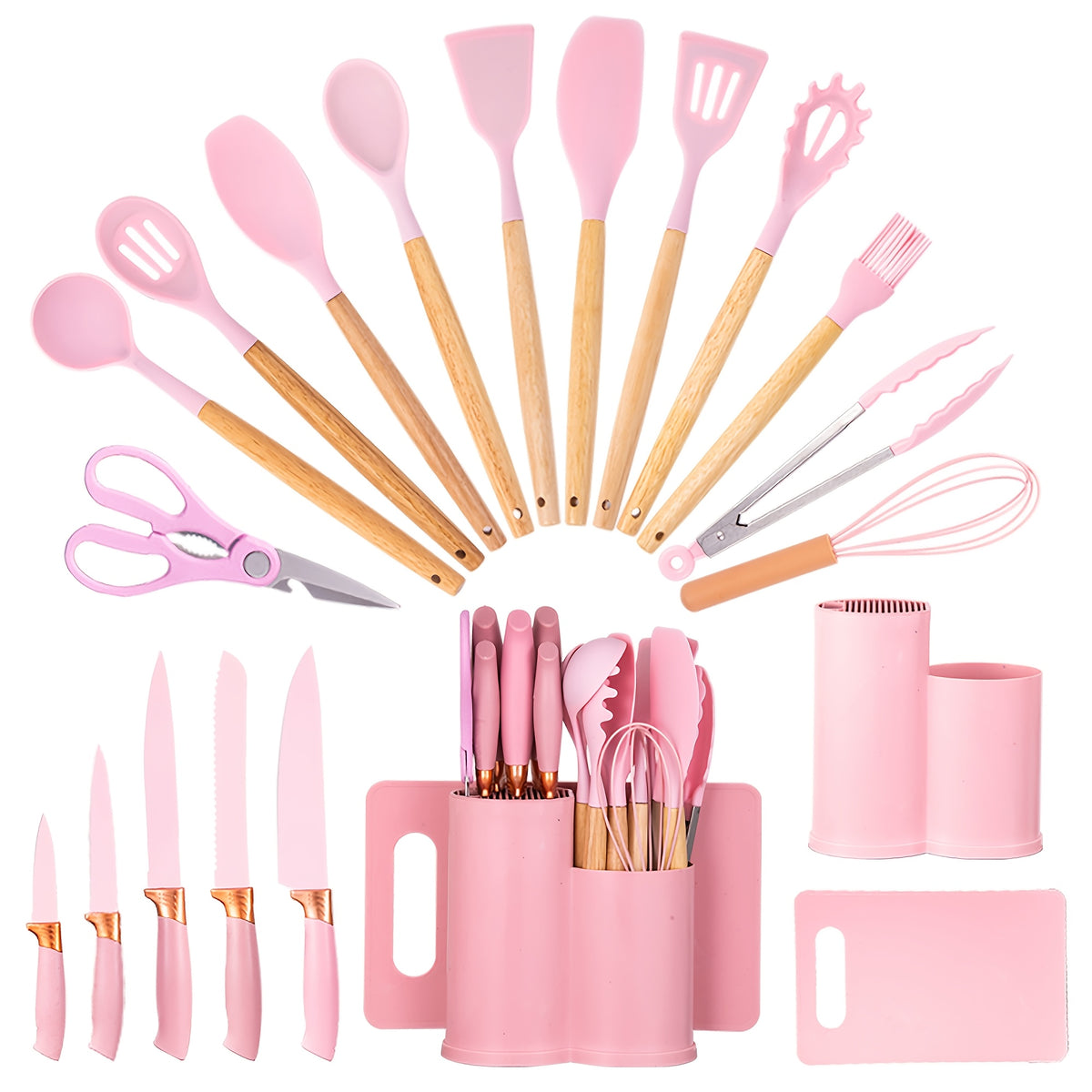 19-Piece Kitchen Knife & Utensil Set with Block – Silicone Cooking Tools, Wooden Handles, Stainless Steel Knives, Cutting Board & Scissors | All-in-One Kitchen Starter Set for Home, Dorm & Housewarming Gift