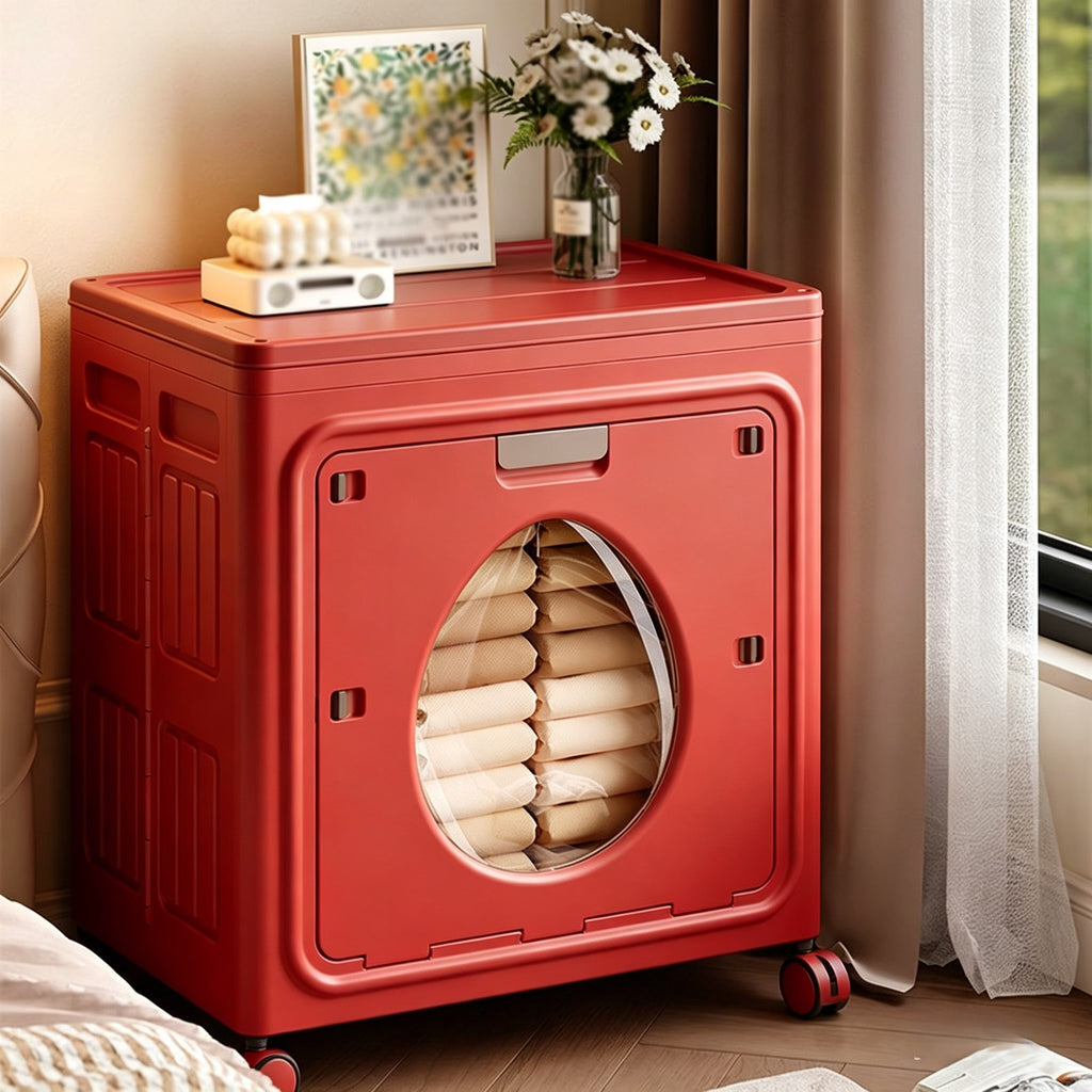 Large Storage Box with Wheels 37 Gallon Flip-Top Lid Foldable Closet Organizer for Clothes Quilts Blankets Bedroom Living Room White Red