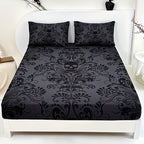 Gothic Skull Fitted Sheet Set 3-Piece – Victorian Baroque Black & Gray Skull Pattern, Deep Pocket 15", Machine Washable Hypoallergenic Bedding, Twin Full Queen King