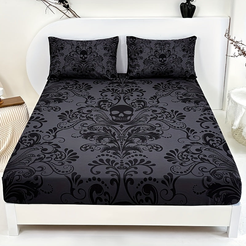 Gothic Skull Fitted Sheet Set 3-Piece – Victorian Baroque Black & Gray Skull Pattern, Deep Pocket 15", Machine Washable Hypoallergenic Bedding, Twin Full Queen King