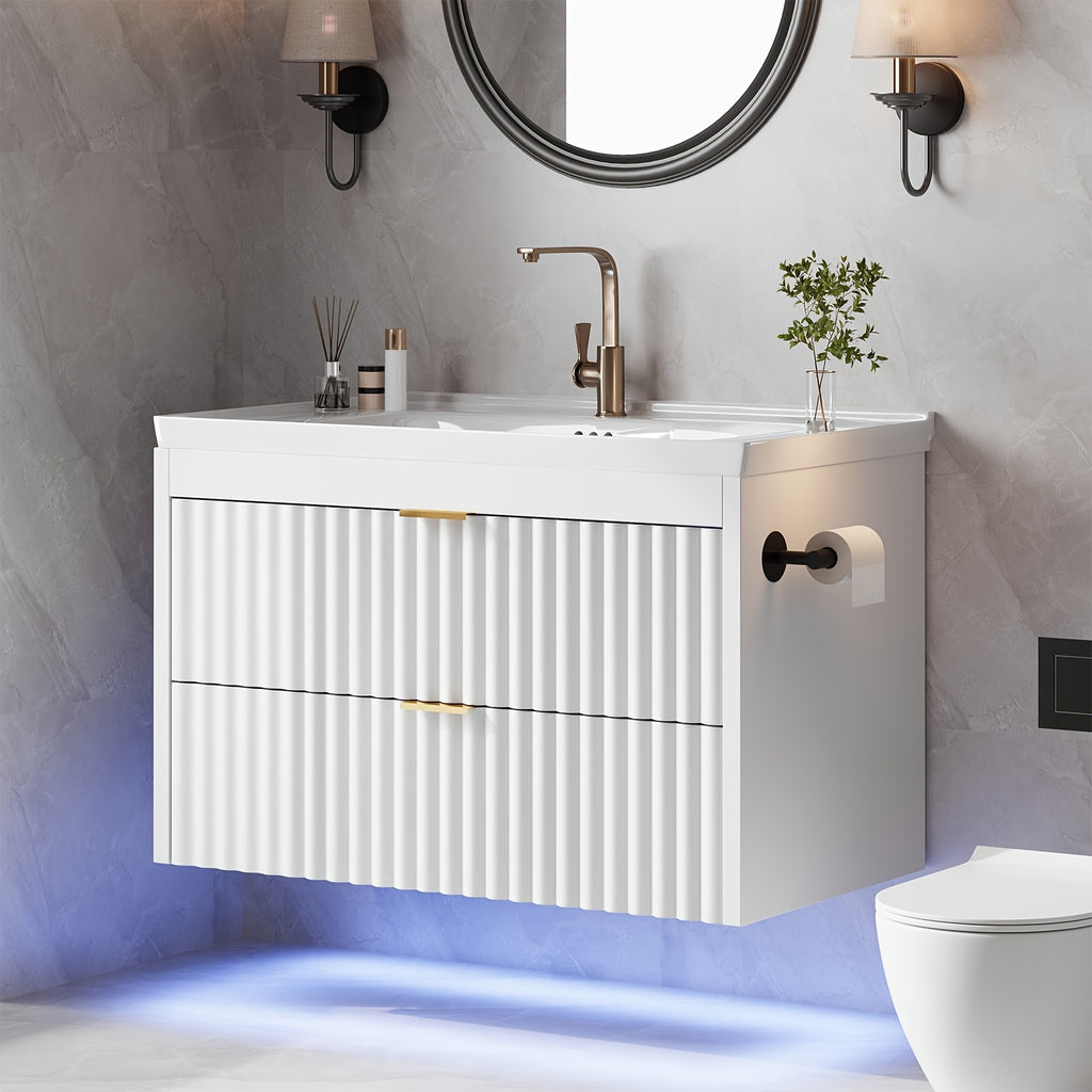 Floating Bathroom Vanity with Sink 24 Inch LED Light Wall Mounted 3-Hole Ceramic Basin Wave Line Design Soft Close Drawers for Small Spaces Black White