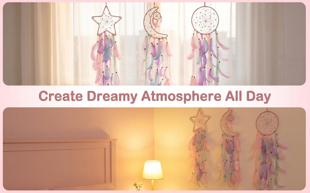 Dream Catcher Wall Decor Set of 3 – Star Moon Sun Boho Room Decor for Teen Girls & Kids Bedroom